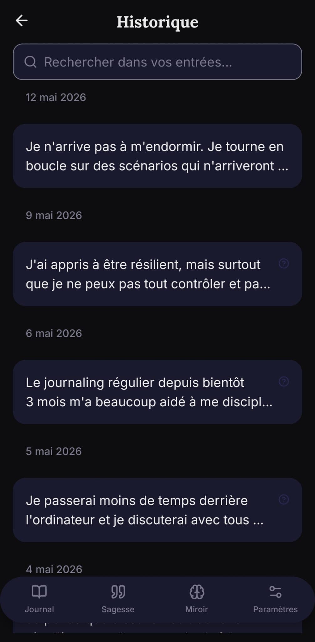 Historique des entrées Ascensia — journal sur la durée